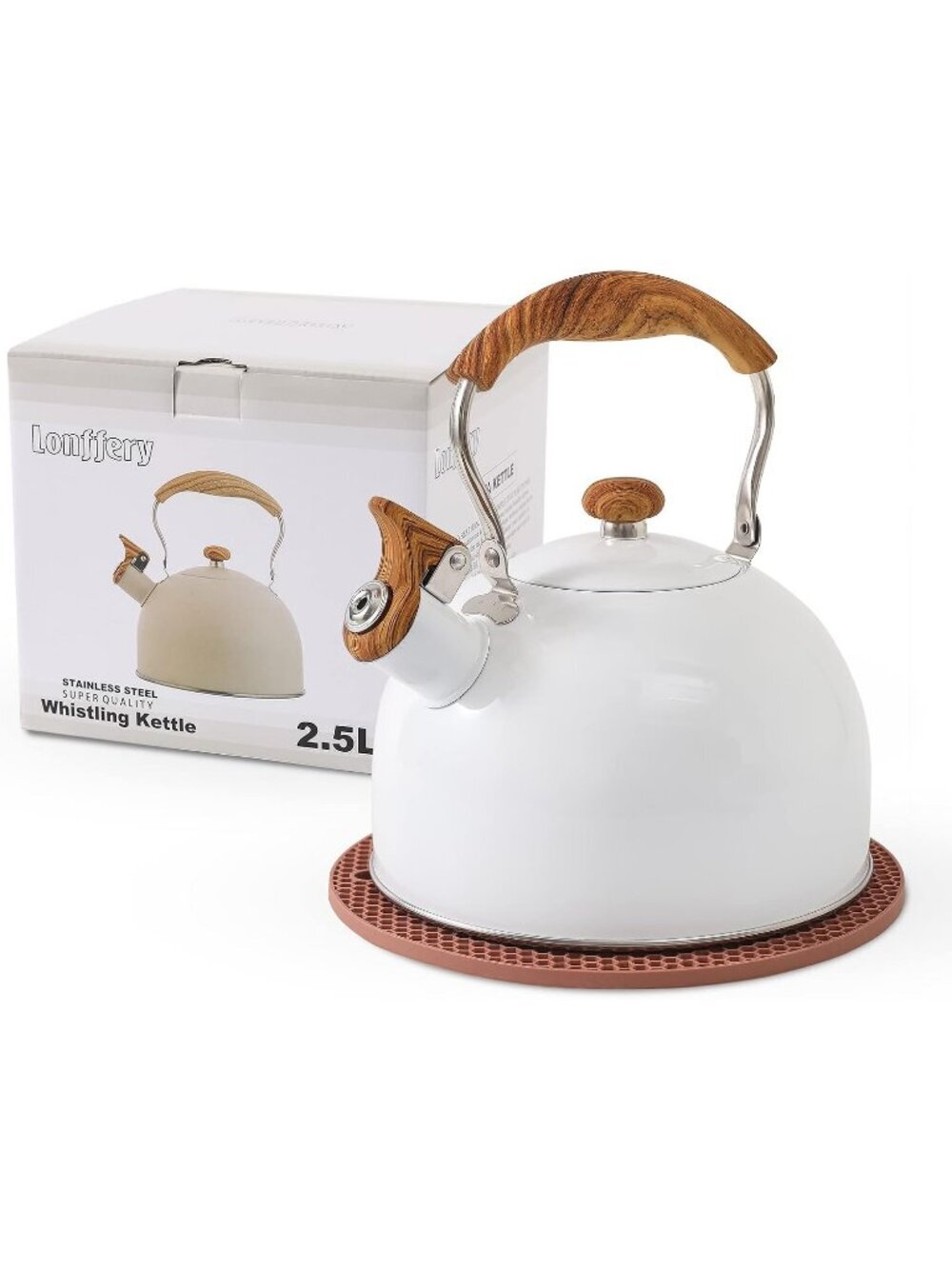 White Kitchen Whistling Tea Kettle 2.5 QT Stainless Steel Wood Folding Handle